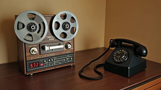 Vintage audio equipment featuring reel-to-reel tape recorder and rotary telephone in nostalgic setting
