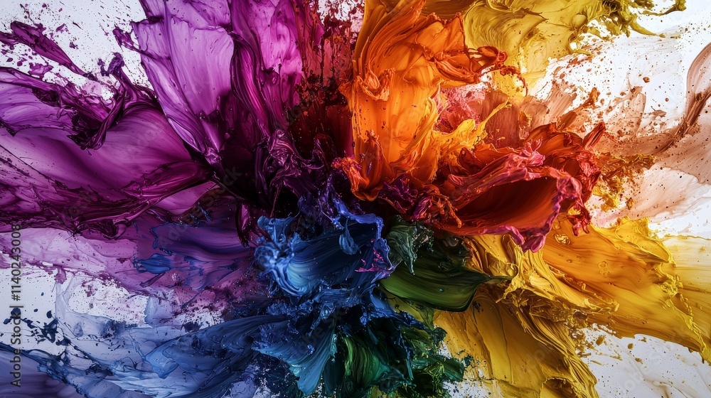 Poster dynamic color explosion art studio abstract art creative environment close-up vibrant palette in mot