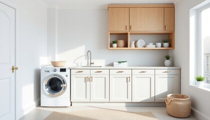 Scandinavian Style - Interior Design of Laundry Room with Scandinavian Concept - Hotel Laundry Room - Apartment Laundry Room Interior with Washing Machine - Interior Design