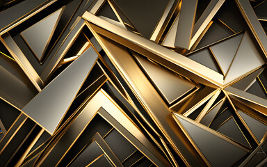 Overlapping triangles, glowing in metallic shades, forming a dynamic abstract composition