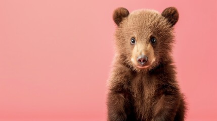 Obraz premium A baby bear cub sits on a pink background, looking at the camera.