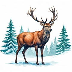 Majestic Red Deer in Winter Wonderland: A majestic red deer stands proudly in a snowy winter landscape, surrounded by evergreen trees,  evoking a sense of tranquility and wild beauty.  