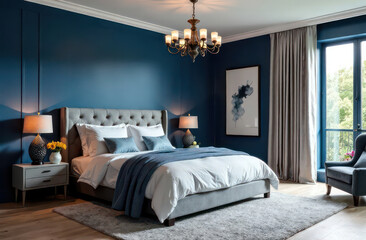 Modern bedroom interior, large bed, blue colored walls, modern elements, chandelier, flowers in pots