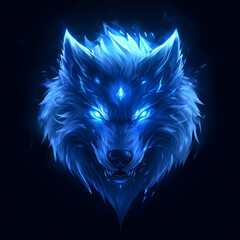 Vector illustration of an ice wolf with blue glowing eyes, dark background, white and light-blue colors