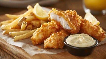 Fried cod fillet fish and chips served with French fries, tartar sauce, and a lemon wedge, arranged on a wooden board with parchment paper	
