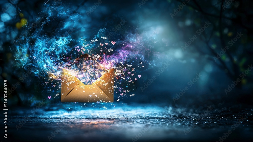 Poster Magical light drops emerge from open envelope in enchanted forest dreamlike scene ethereal glow mystical vibes