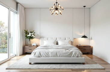 Modern bedroom interior, large bed, white colored walls, modern elements, chandelier, flowers in pots