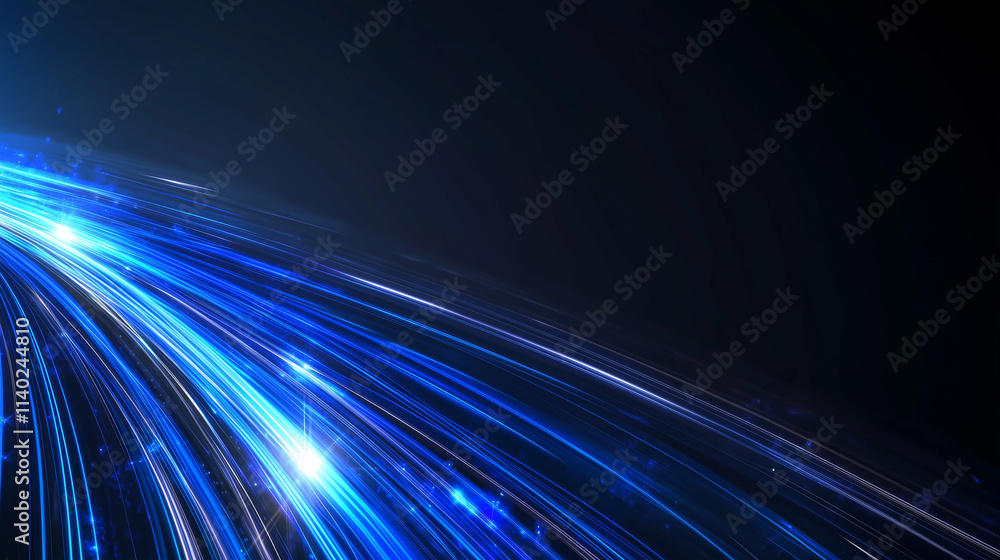 Poster Abstract Cosmic Nebula: Electric Blue Light Speed Lines on a Dark Canvas, Ideal for Futuristic and Sci-Fi Designs. High-Resolution Vector Background with Copy Space.