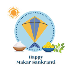 Happy Makar Sankranti Poster Design with Kite, Indian Sweet (Laddu), Rice or Flour Bowl and Sun on White Background.