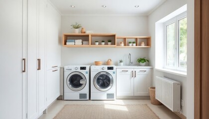 Scandinavian Style - Interior Design of Laundry Room with Scandinavian Concept - Hotel Laundry Room - Apartment Laundry Room Interior with Washing Machine - Interior Design