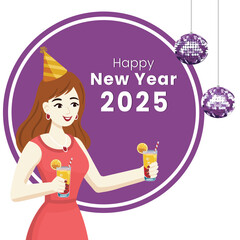 2025 Happy New Year Greeting Card with Beautiful Young Girl Holding Lemonade Glasses, Disco Ball Hang on Purple and White Background.
