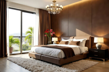 Modern bedroom interior, large bed, brown colored walls, modern elements, chandelier, flowers in pots