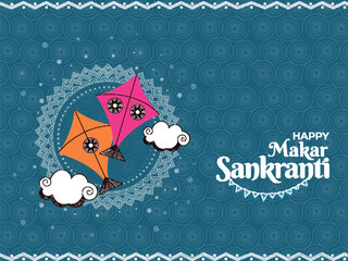 Happy Makar Sankranti Greeting Card with Two Kites and Clouds on Blue Swirl Pattern Background.