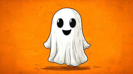Cute cartoon ghost on orange.