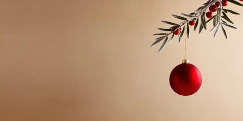 Elegant red christmas ornament displayed on a green spruce branch minimalist background festive decor holiday spirit