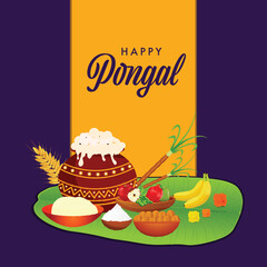 Happy Pongal Celebration Poster with Traditional Clay Pot of Rice Dish, Wheat Ear, Sugarcane, Indian Sweet (Laddu) and Fruit on Banana Leaf Illustration.
