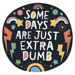 A circular design with a dark background. It is adorned with various colorful elements such as stars, rainbows, lightning bolts, and
geometric shapes.