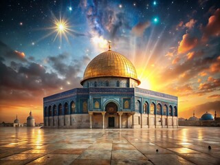 Fototapeta premium Al Aqsa Mosque Wallpaper: Stunning Dome, Jerusalem, Islamic Architecture, Holy Site, Spiritual, Golden Dome, Celestial, Prayer, Peace, Serenity, Night, Day, Close-up, Wide Shot, Detailed,