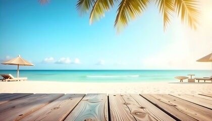 Fototapeta premium Wooden dock on a tropical beach with palm trees and a calm, turquoise ocean in the background