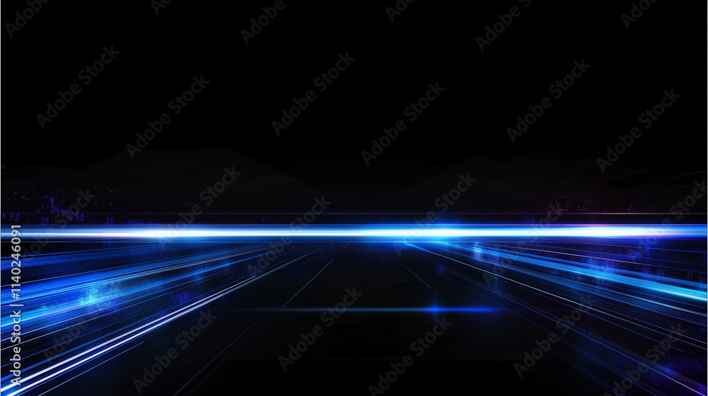 Poster Abstract Cosmic Nebula: Electric Blue Light Speed Lines on a Dark Canvas, Ideal for Futuristic and Sci-Fi Designs. High-Resolution Vector Background with Copy Space.