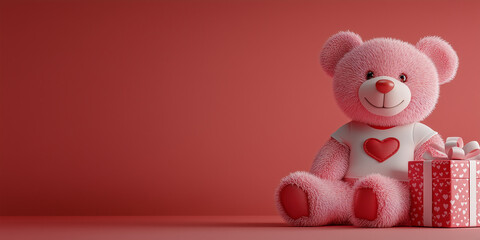 Orsetto rosa accanto a un pacco regalo. Spazio per testo o messaggio. Amore.