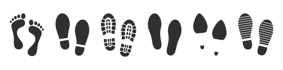 Shoe and human feet prints. Black boots, sneakers and bare feet silhouettes. Human steps traces. Footprints  vector illustration isolated on white background.