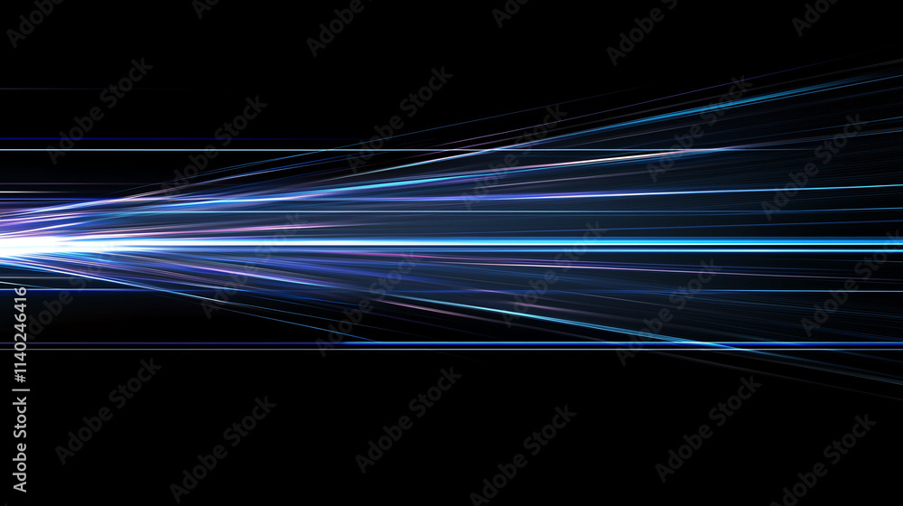 Poster Abstract Cosmic Nebula: Electric Blue Light Speed Lines on a Dark Canvas, Ideal for Futuristic and Sci-Fi Designs. High-Resolution Vector Background with Copy Space.