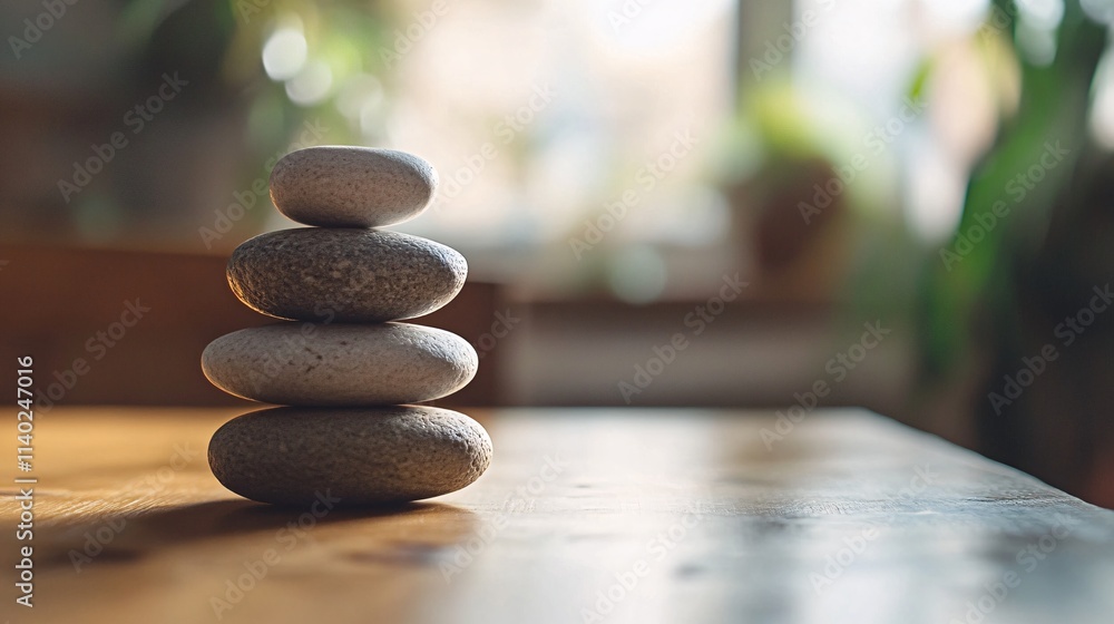 Aufkleber stack of balancing pebbles creating a peaceful atmosphere on a wooden surface