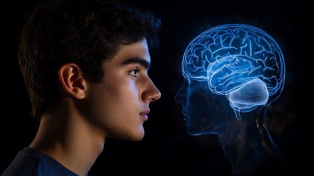The Enigma of the Mind: A Teenager's Profile Juxtaposed with a Glowing Brain, Symbolizing the Mysteries of Human Cognition and Potential.