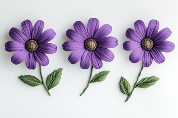 Obraz premium Three Elegant Purple Paper Flowers on a White Background