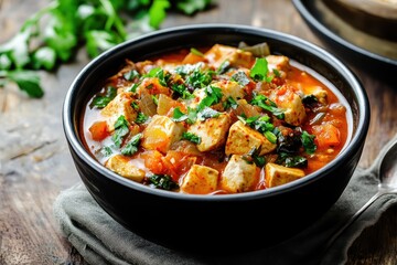 Spicy Korean silken tofu stew with pork kimchi and vegetables in a black bowl on wood