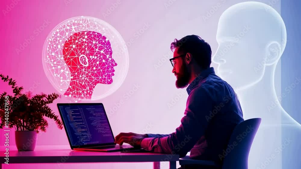 Aufkleber innovative man coding on laptop with ai technology and digital brain concepts in background, prores 