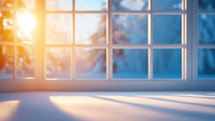 Naklejka premium Frosted window reflections at dawn winter wonderland photography cozy atmosphere warm light serene concept
