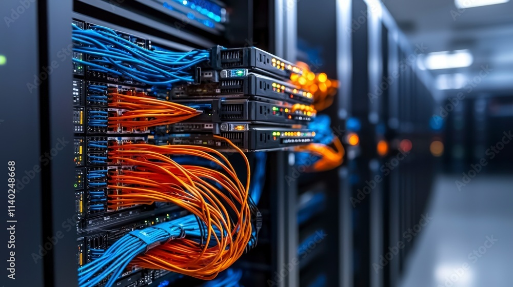 Poster Dynamic fiber optic network setup data center visual technology showcase modern infrastructure close-up connectivity concept