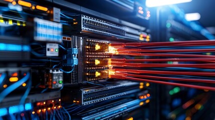 Modern data center technology a close-up on dynamic fiber optic network infrastructure and connectivity