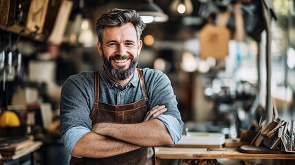 Portrait of smiling carpenter with crossed arms in workshop