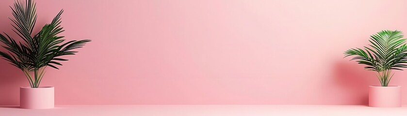 Obraz premium A minimalistic interior with two vibrant potted plants against a soft pink wall, perfect for modern home decor inspiration.