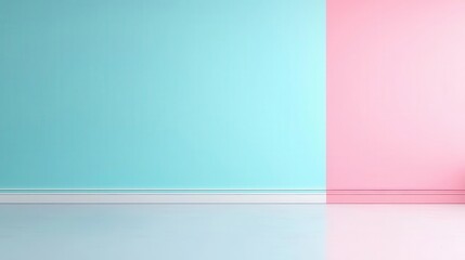 Fototapeta premium A minimalist interior featuring a split wall design in pastel blue and pink, perfect for modern aesthetics and creative spaces.