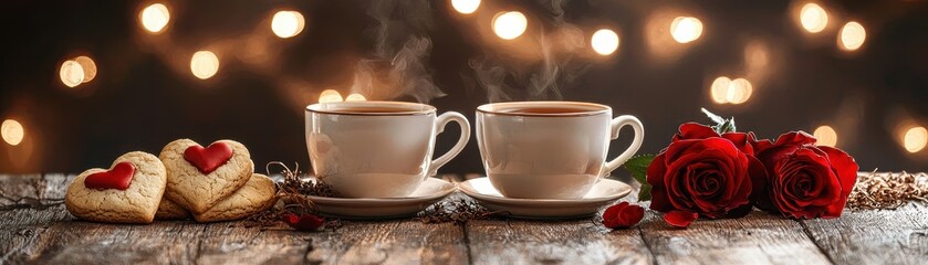 Fototapeta premium Romantic Coffee Setup with Heart Cookies and Red Roses Against a Blurred Bokeh Background
