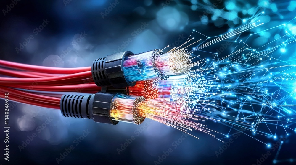 Poster enhancing communication efficiency with fiber optic technology in a futuristic abstract digital envi