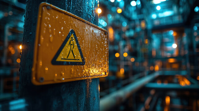 close up of wet caution sign in industrial setting with blurred background lights