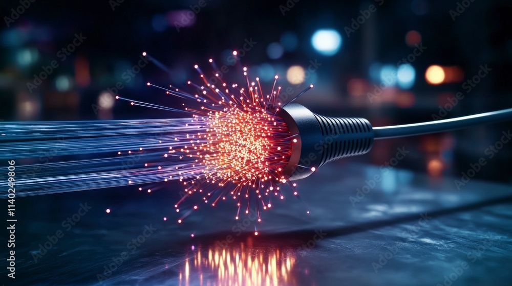 Poster Dynamic fiber optic technology showcase urban setting abstract visuals nighttime environment close-up perspective