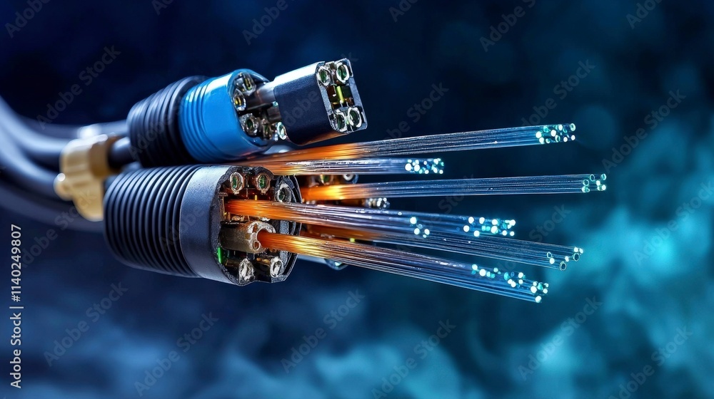 Poster dynamic fiber optic cables illuminating technology modern lab high-resolution image blue environment