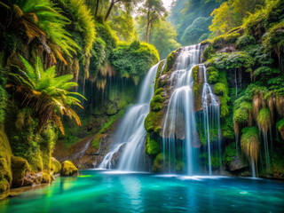 serene waterfall cascades over moss covered rocks into turquoise pool, surrounded by lush greenery and tropical plants, creating tranquil natural oasis