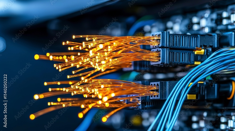 Aufkleber illuminated fiber optic cables in technology hub closeup shot high-tech environment modern viewpoint