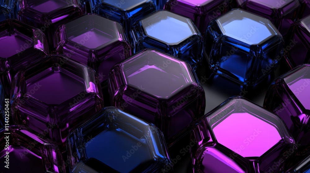 Poster abstract hexagonal pattern with purple and blue glossy hexagons.
