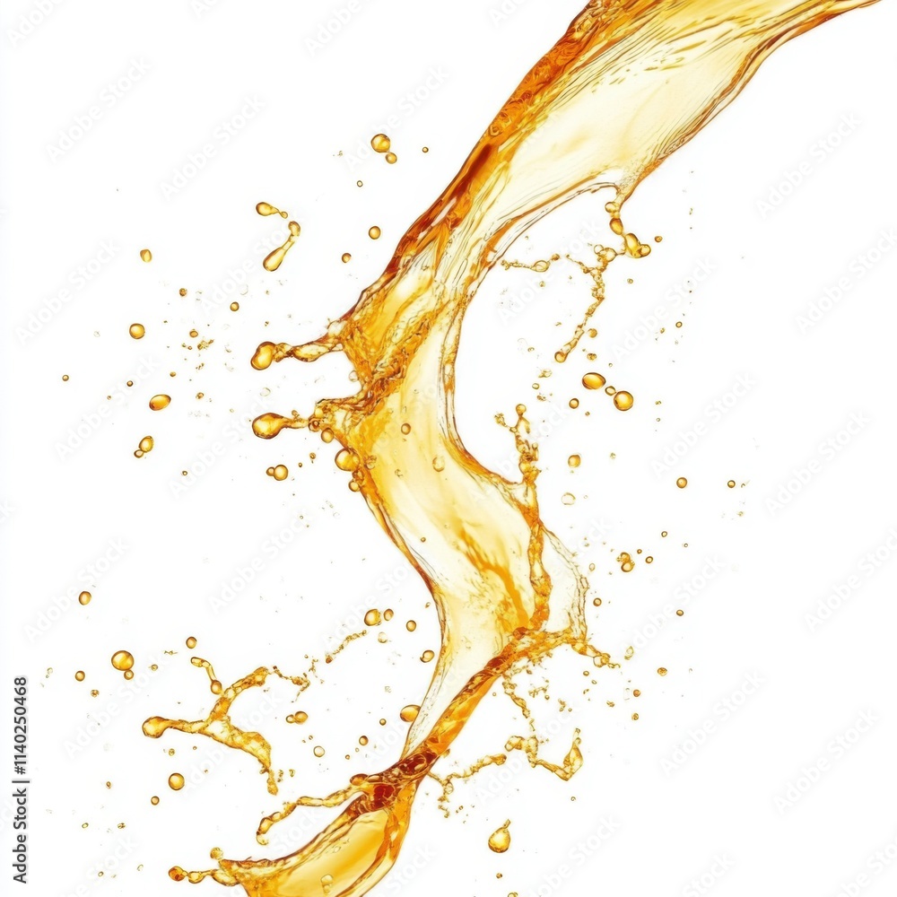 Poster dynamic splash of liquid with vibrant golden hues creating an energetic visual effect against a whit