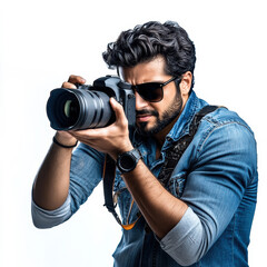 Obraz premium Photographer capturing moments with a professional camera wearing stylish sunglasses indoors