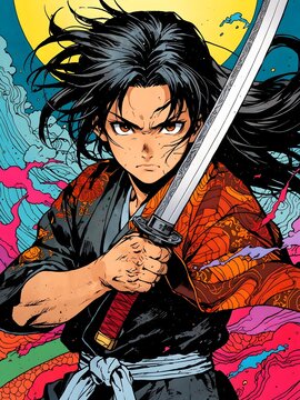Dynamic anime-style illustration of a determined samurai wielding a katana, set against a vibrant and dramatic backdrop.