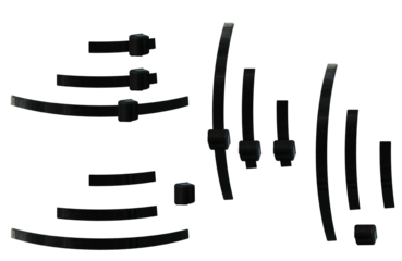 Black self-closing plastic cable ties. On isolated transparent background.